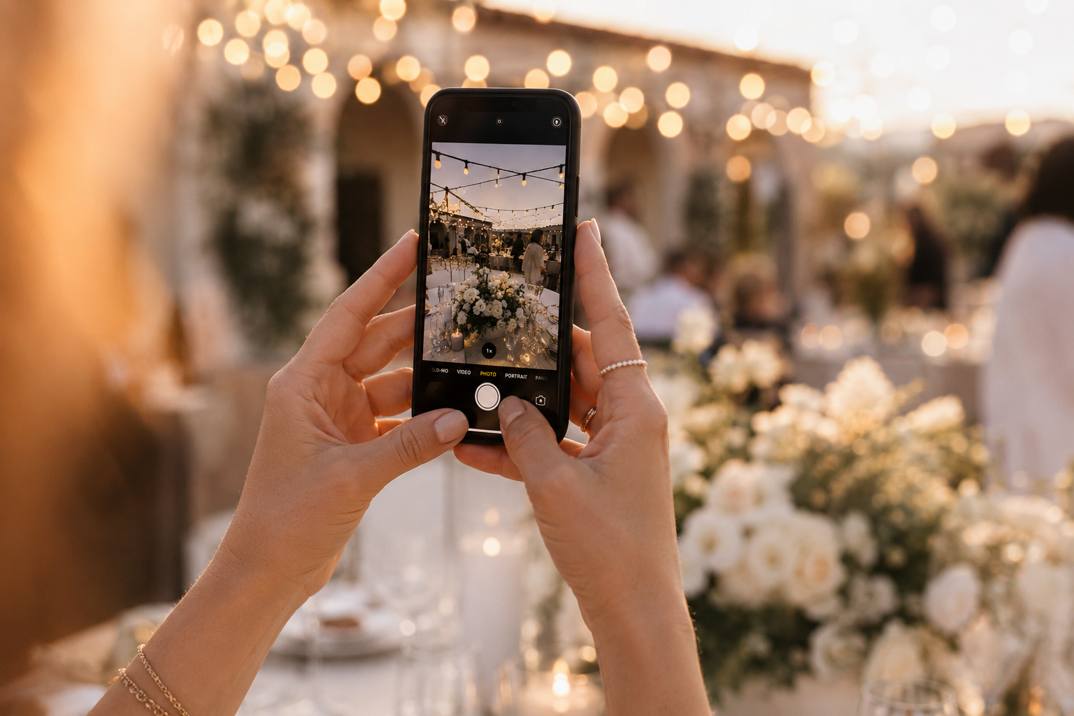 Wedding guest holding a smartphone, photographing the reception to share with the couple
